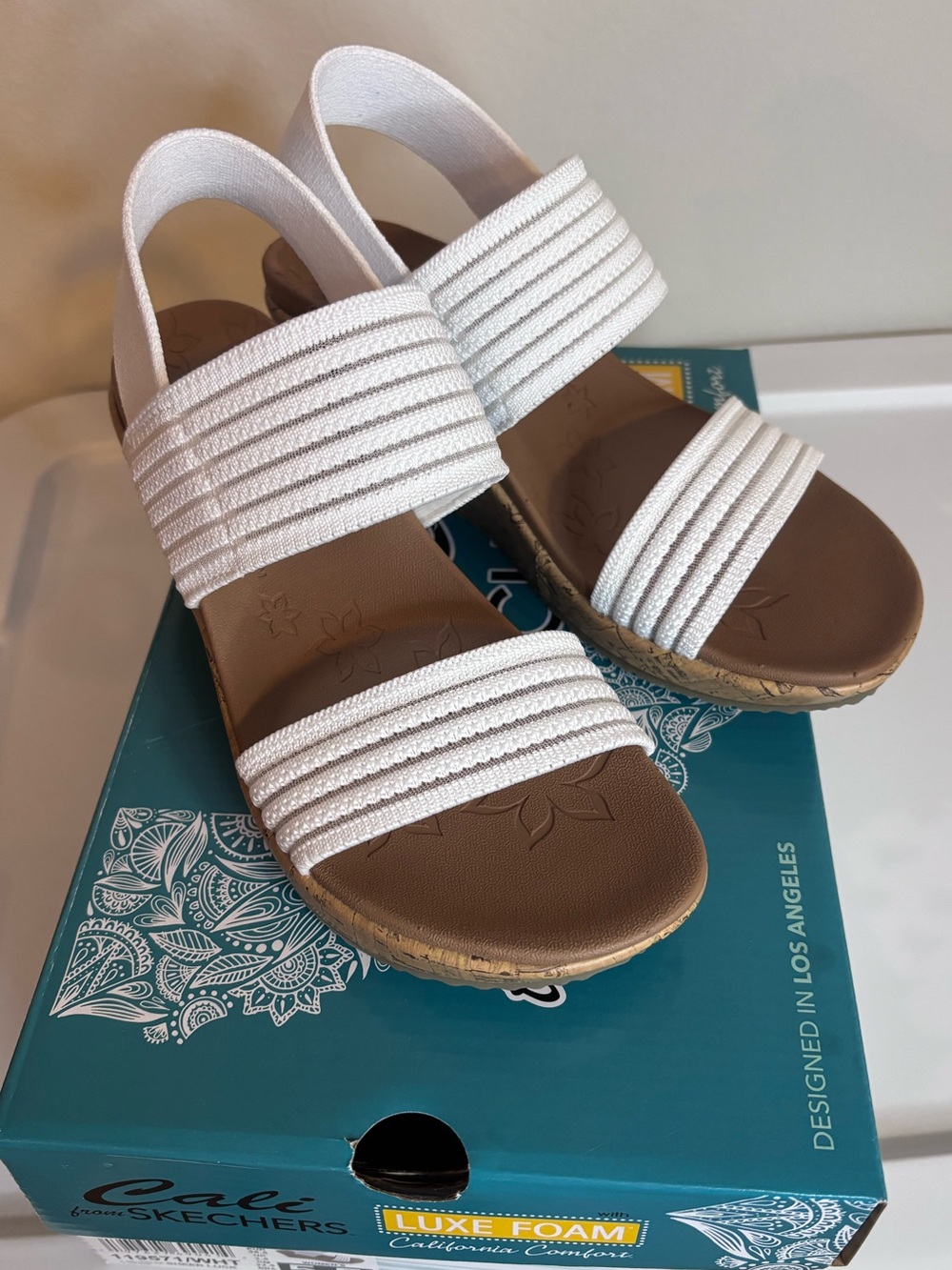 Skechers White Elastic Strap Cork Wedge Sandals Size 5.5 NWT - Picture 5 of 12